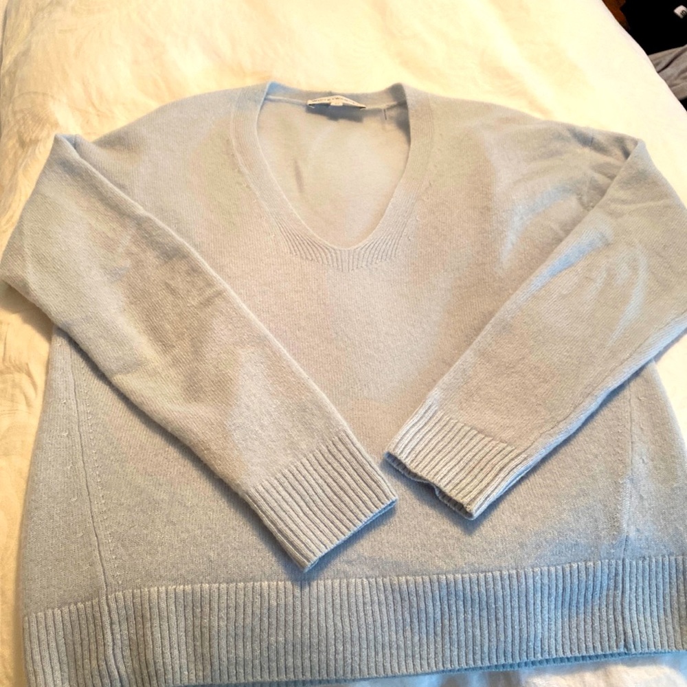 White and Warren light blue cashmere v-neck sweater